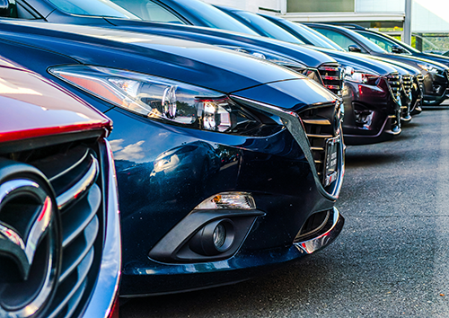 used car dealership - parked cars lined up with focus on hoods and bumpers