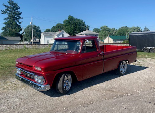 Before and after picture - blue truck after custom paint - now red