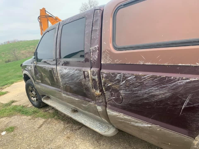 Auto body work before and after - maroon truck with deep scrapes, grooving and rust along driver's side